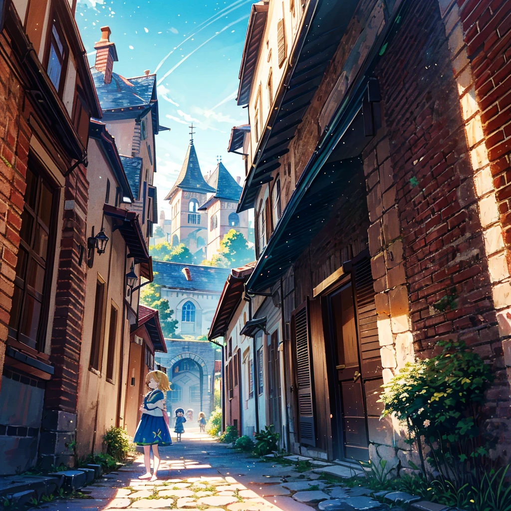 Italian style scenery (multiple brick towers, old townscapes, castle walls, robots made from old machines), 1 girl (), cute children's underwear, red headband, light blue dress (long hem) ), (Short arms: 1 and a half years old), Round face, (Little girle feet, (Child: 1 and a half years old), (Baby face: 1.4))), Sunlight, Flat chest, Blonde, Super long hair, Head Hair tied up, surface effects, color effects) profile, the girl is standing on top of a stone tower, there is a blue gem on the girl's chest, the gem emits yellow light and the light stretches towards the sky, a special Effect, {{{((Super hand-painted style illustration, pale colors, beautiful colors, chic colors))}}}Deltamon