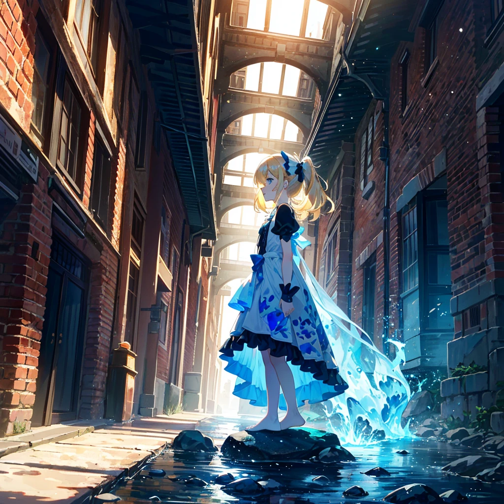 Italian style scenery (multiple brick towers, old townscapes, castle walls, robots made from old machines), 1 girl (3 years old), cute children's underwear, red headband, light blue dress (long hem) ), (Short arms: 1 and a half years old), Round face, (Little girl: 1.8), Bare feet, (Child: 1 and a half years old), (Baby face: 1.4))), Sunlight, Flat chest, Blonde, Super long hair, Head Hair tied up, surface effects, color effects) profile, the girl is standing on top of a stone tower, there is a blue gem on the girl's chest, the gem emits yellow light and the light stretches towards the sky, a special Effect, {{{((Super hand-painted style illustration, pale colors, beautiful colors, chic colors))}}}Deltamon