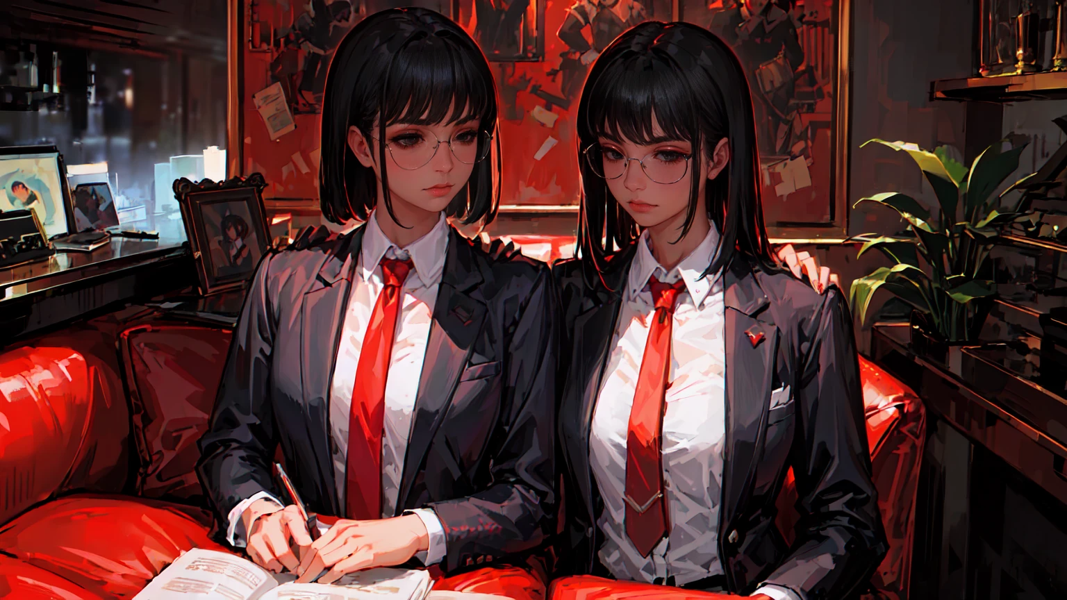 (Masterpiece, Best Quality, Ultra High Resolution) Fancy woman in a vintage look, with red detailed eyes, in business suit with red tie and white shirt, dark half-rimmed aviator glasses, The character is half-turned , looking sideways into the distance.
