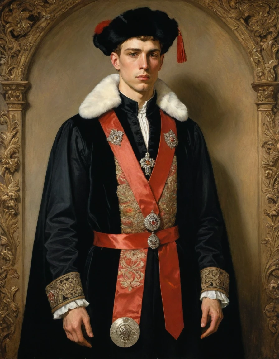 Design me a {{Colossal Masterpiece, high detail}}, a ((((full body portrait, male focus)))), ((by Joseph Karl Stieler)), (by J. C. Leyendecker), the composition is: (((a very young male nobleman, sullen, facing viewer. He is wearing a fur hat. He is wearing a black Slavic caftan with Praetorian elements, sashes, medals, red diamond pendant)))