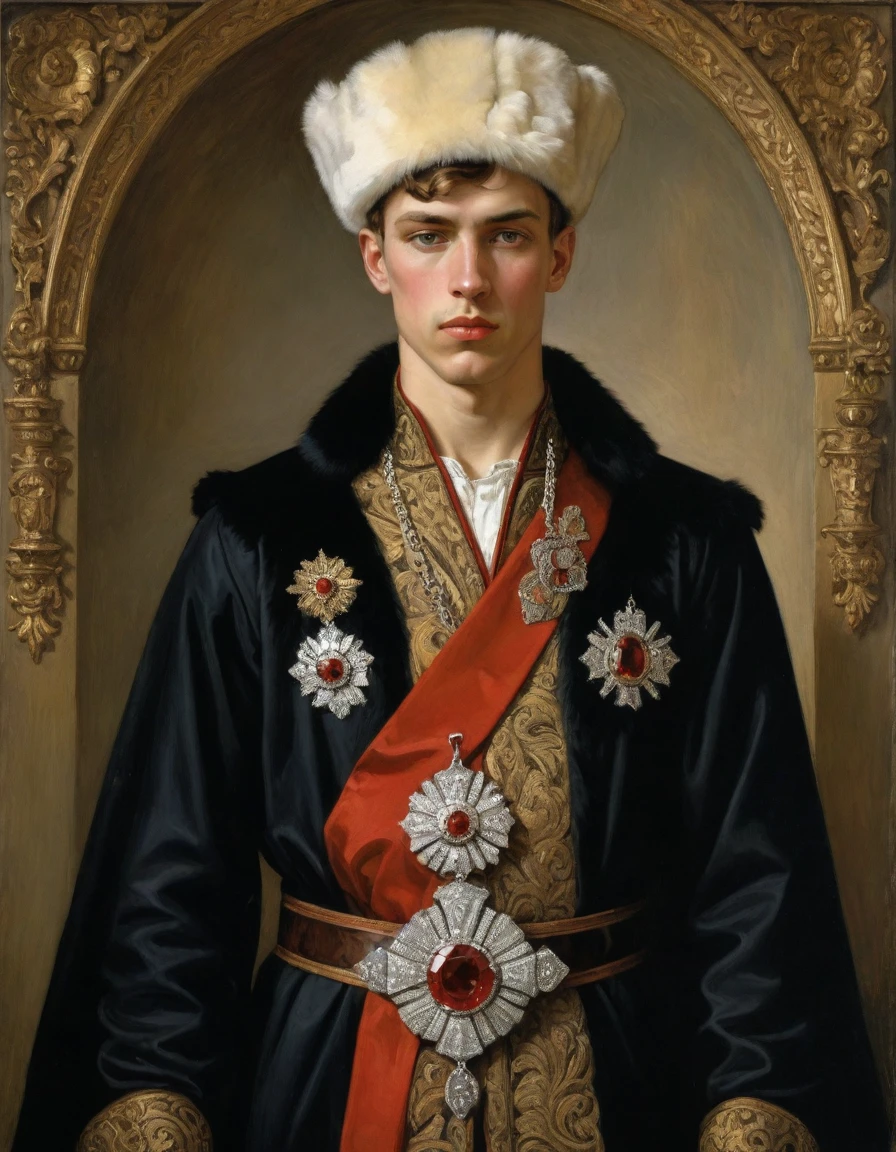 Design me a {{Colossal Masterpiece, high detail}}, a ((((full body portrait, male focus)))), ((by Joseph Karl Stieler)), (by J. C. Leyendecker), the composition is: (((a very young male nobleman, sullen, facing viewer. He is wearing a fur hat. He is wearing a black Slavic caftan with Praetorian elements, sashes, medals, red diamond pendant)))