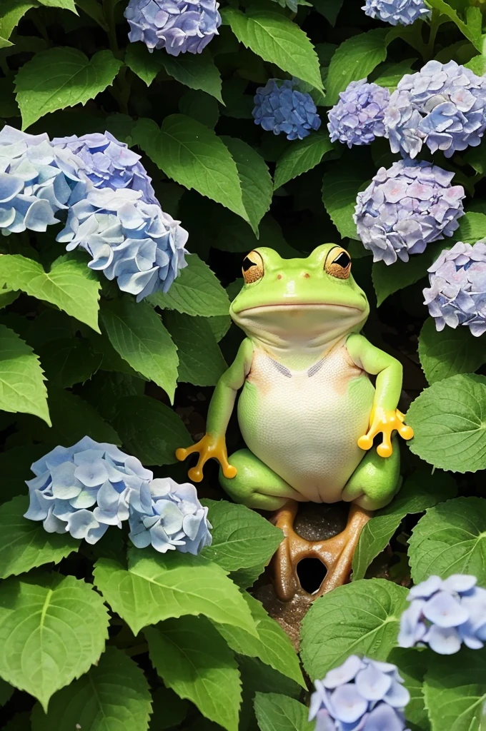 An illustration of Pickles the Frog having fun in a beautiful place where many hydrangeas are in full bloom.