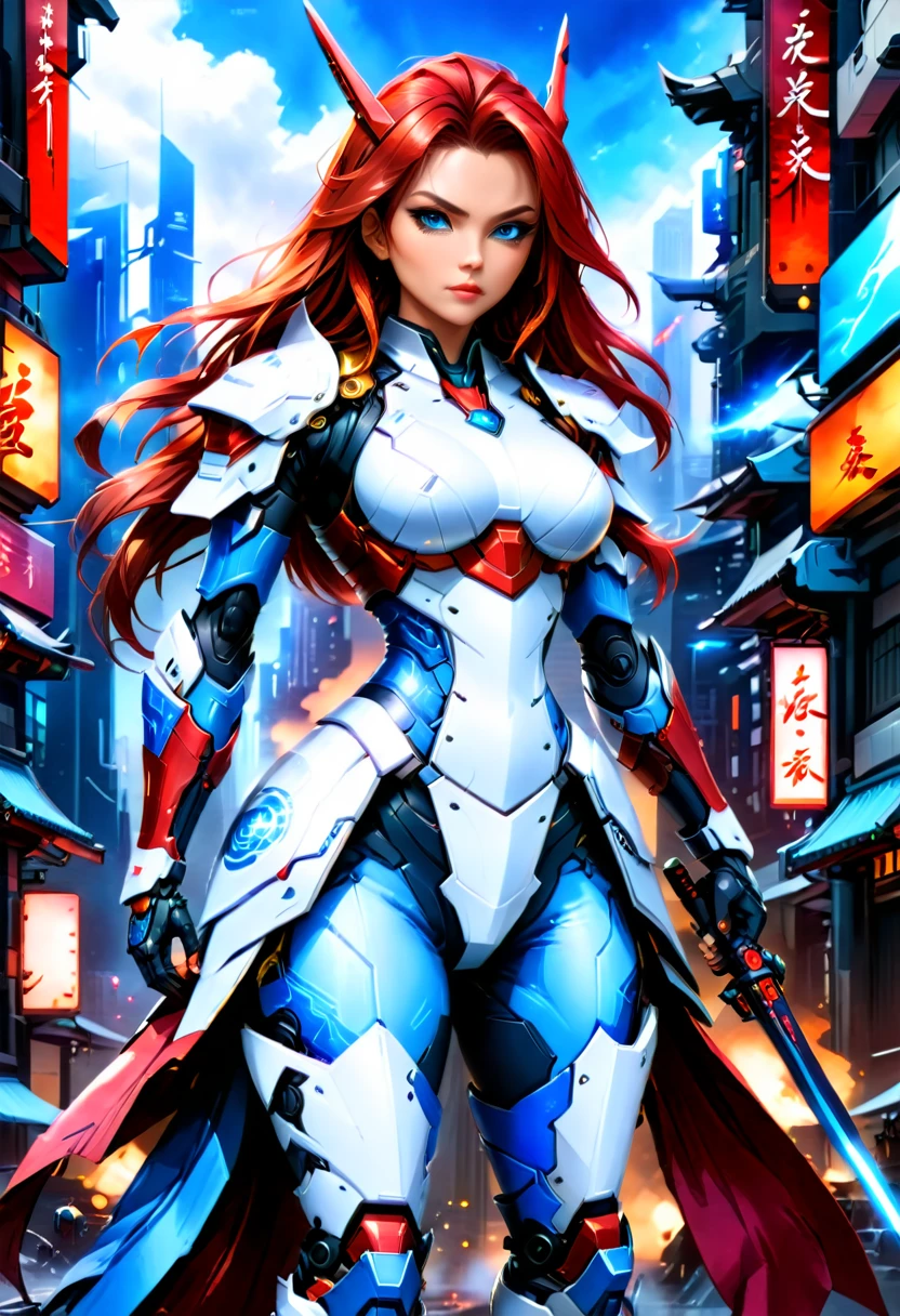 Japanese water color art picture of a mecha samurai woman in cyberpunk city, a mecha samurai woman, exquisite beautiful woman, (fully clothed: 1.3), red hair, long hair, (blue eyes: 1.3), she stands ready to battle, wearing (white mecha armor: 1.3), high heeled boots, she is armed with a Japanese sword, Japanese Cyberpunk city at night, background, (Masterpiece: 1.5), 16k, highres, best quality, high details, ultra detailed, masterpiece, best quality, (extremely detailed), arafed, mecha,