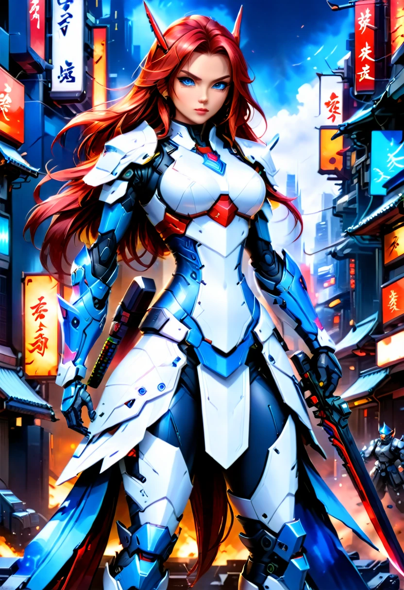 Japanese water color art picture of a mecha samurai woman in cyberpunk city, a mecha samurai woman, exquisite beautiful woman, (fully clothed: 1.3), red hair, long hair, (blue eyes: 1.3), she stands ready to battle, wearing (white mecha armor: 1.3), high heeled boots, she is armed with a Japanese sword, Japanese Cyberpunk city at night, background, (Masterpiece: 1.5), 16k, highres, best quality, high details, ultra detailed, masterpiece, best quality, (extremely detailed), arafed, mecha,