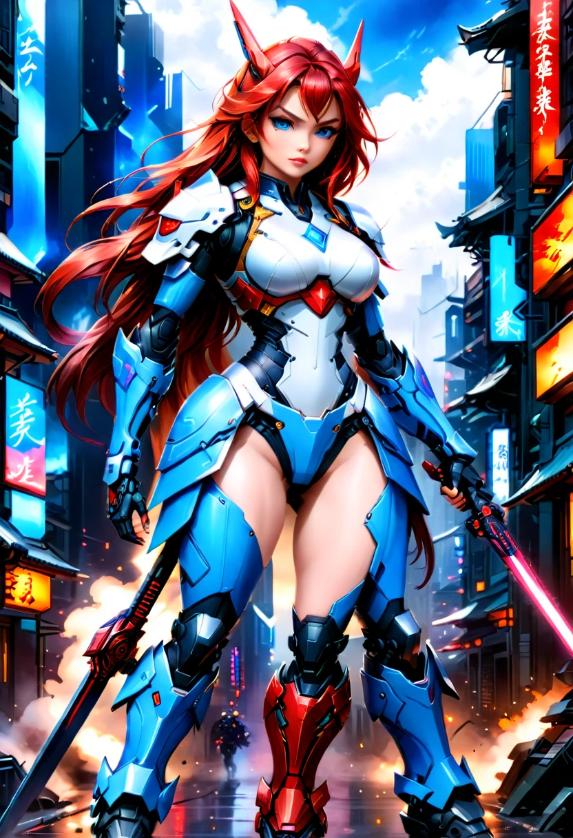 Japanese water color art picture of a mecha samurai woman in cyberpunk city, a mecha samurai woman, exquisite beautiful woman, (fully clothed: 1.3), red hair, long hair, (blue eyes: 1.3), she stands ready to battle, wearing (white mecha armor: 1.3), high heeled boots, she is armed with a Japanese sword, Japanese Cyberpunk city at night, background, (Masterpiece: 1.5), 16k, highres, best quality, high details, ultra detailed, masterpiece, best quality, (extremely detailed), arafed, mecha,