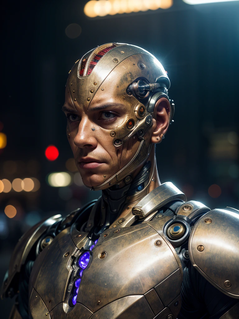 (best quality, masterpiece, highest detailed), (photorealistic:1.2), (detailed light:1.2), (Realistic skin texture:1.4), raw photo, professional portrait, cyborg, man and cyborg, symbiosis, semi-mechanical head, mechanical body , old rusty armor, powerful exoskeleton, night, Night City, dim light, dim color, gloomy lighting, (looks at the viewer)