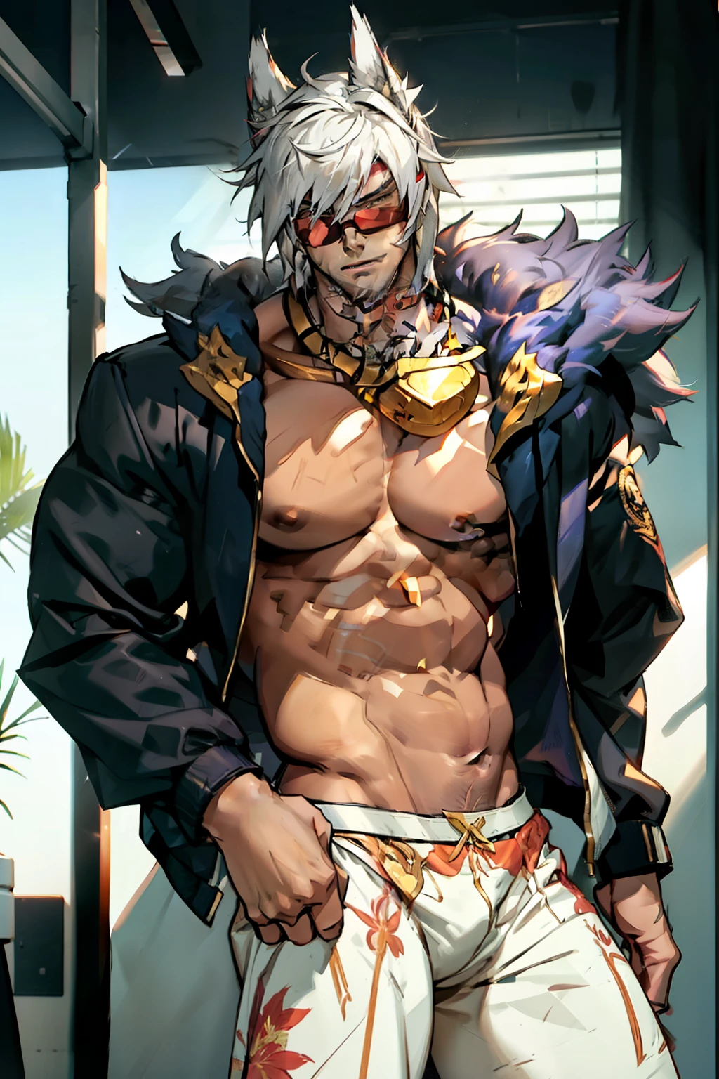 (1 boy,Be a man),Muscular anime guy in the gym, facial expression like masturbation, 1boy, bikini, Tight muscles, Broad shoulders, Handsome and old, Tiny underwear, Sexy, sex, Guy, Gay, Sea, jacket, sunglasses, boy, floral bikini, bright white hair, tight leg muscles, big Cook,