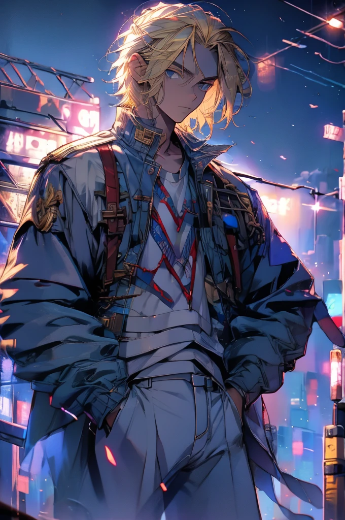 high detailed, 8k, highres, mikey, manjiro_sano, tokyo_revengers, 1boy, solo, male focus, blonde hair, shirt, jacket, hands in pockets, white shirt, pants, looking away, wind, jacket on shoulders, standing