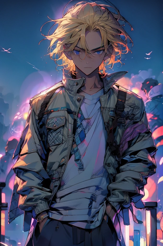 high detailed, 8k, highres, mikey, manjiro_sano, tokyo_revengers, 1boy, solo, male focus, blonde hair, shirt, jacket, hands in pockets, white shirt, pants, looking away, wind, jacket on shoulders, standing