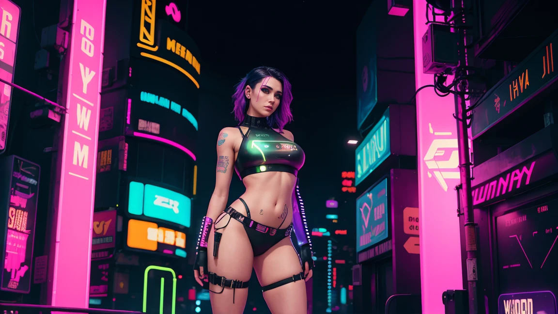 there is a woman standing with a rainbow light, 3 d neon art of a womans body, neon-noir background, cyberpunk femme fatale, seductive cyberpunk dark fantasy, cyberpunk strip clubs, cyberpunk 20 y. o model girl, oppai cyberpunk, banner, high definition cgsociety, cgsociety masterpiece, trending on cgstation, kda