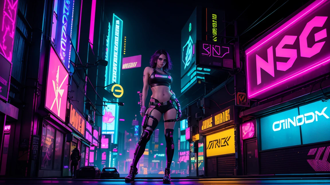 there is a woman standing with a rainbow light, 3 d neon art of a womans body, neon-noir background, cyberpunk femme fatale, seductive cyberpunk dark fantasy, cyberpunk strip clubs, cyberpunk 20 y. o model girl, oppai cyberpunk, banner, high definition cgsociety, cgsociety masterpiece, trending on cgstation, kda