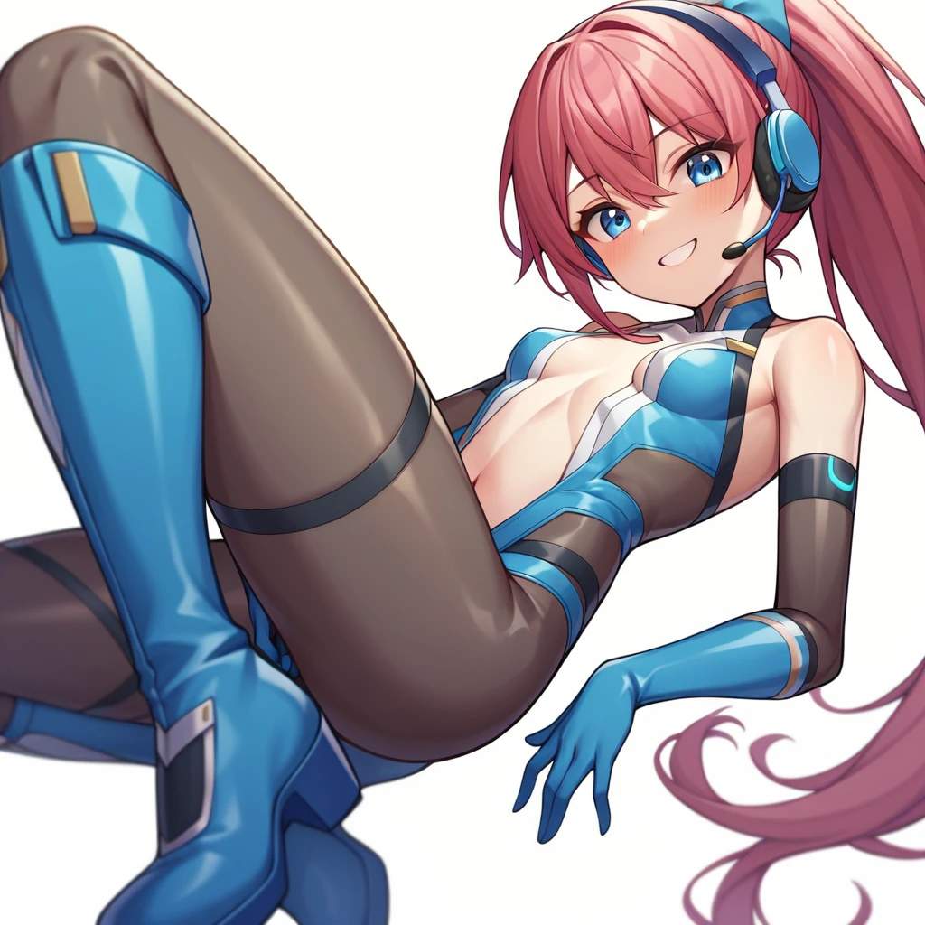 (masterpiece、Highest quality、Highest Resolution、Clear_image、Detailed details、The angle is from above): (A full-body view of a single girl with a Japanese face and small face、Navy blue high knot ponytail、Small breasts、Sparkling blue eyes、Pilot suit in white and navy blue colors、Tight fitting clothes、Clothing that covers the whole body、Tight Fit Pants、Hide your skin、Covering the thighs、Cover your shoulders、Very delicate and beautiful、Slim body、Cute、A gentle smile、Soft expression、heroine、headset、Knee-high boots、Elbow-length gloves)、（Simple Background、White background:1.5）