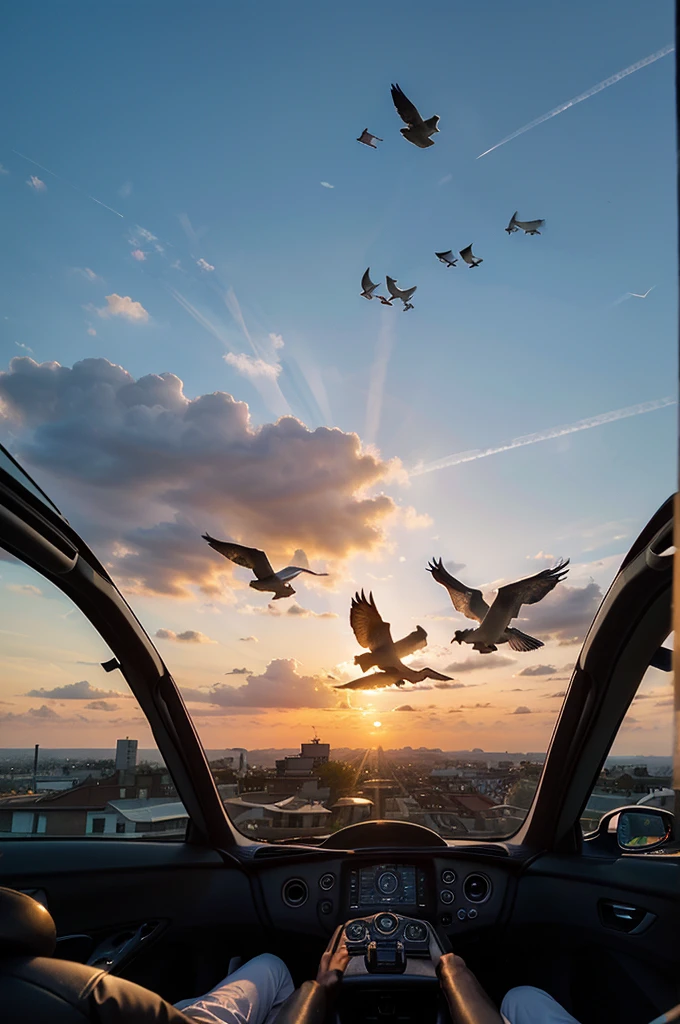 a group of birds are flying above the sky with a view of the sunset