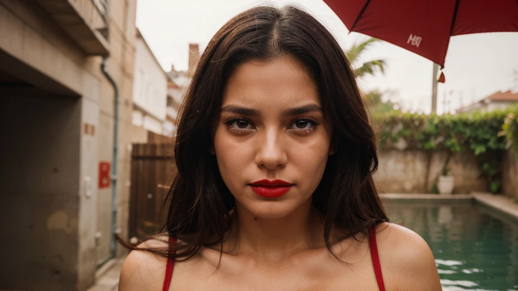 She is looking straight ahead and tears are crying on her face realista, she has red lipstick on