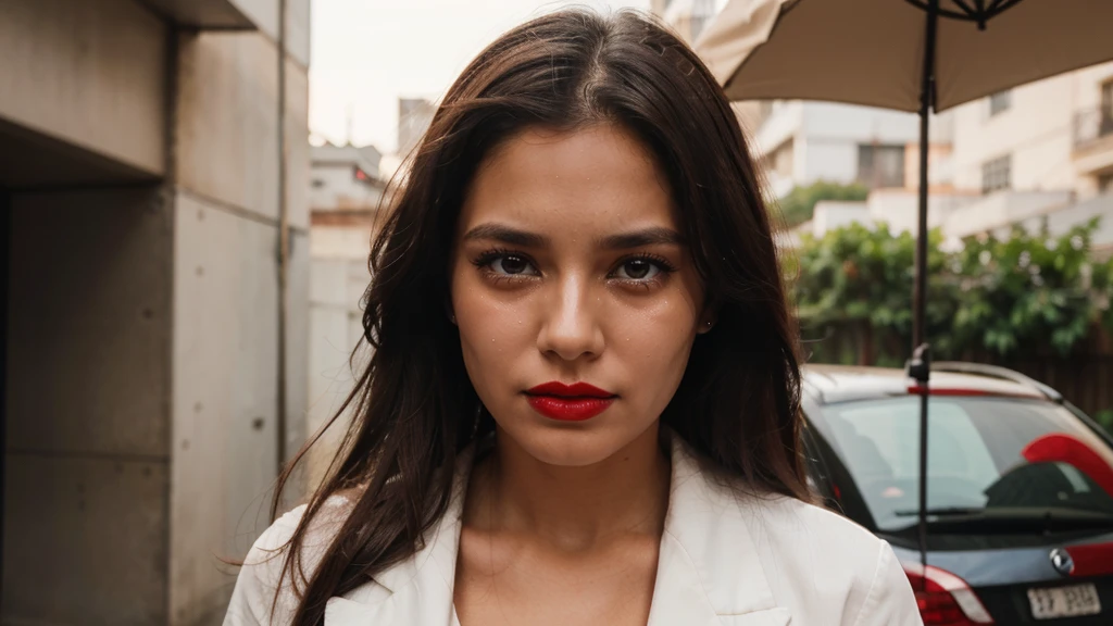  She is looking straight ahead and tears are crying on her face realista, she has red lipstick on 