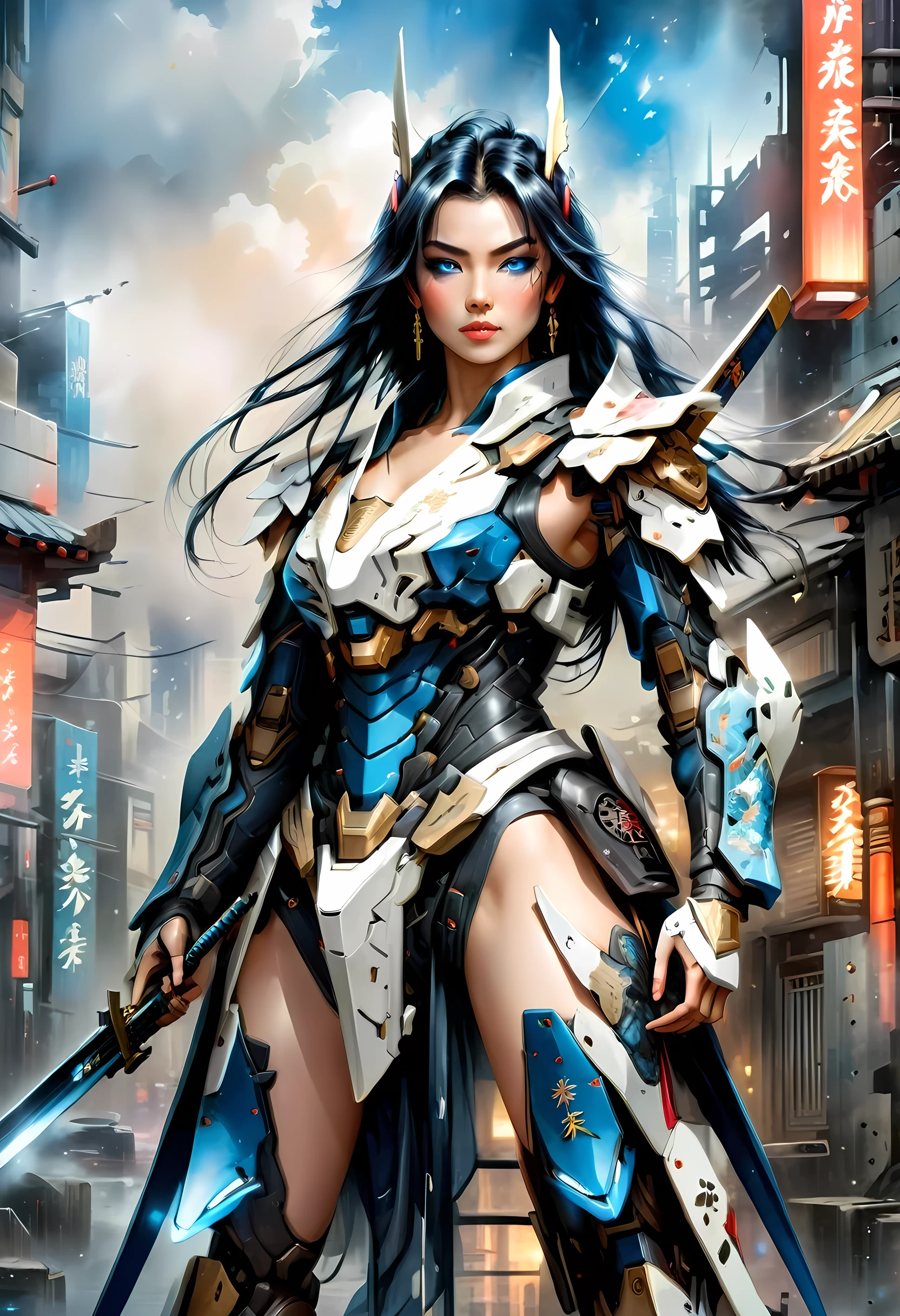 Japanese water color art picture of a mecha samurai woman in cyberpunk city, a mecha samurai woman, exquisite beautiful woman, (fully clothed: 1.3), full body, black hair, long hair, (blue eyes: 1.3), she stands ready to battle, wearing (white mecha armor: 1.3), high heeled boots, she is armed with a Japanese sword, Japanese Cyberpunk city at night, background, (Masterpiece: 1.5), 16k, highres, best quality, high details, ultra detailed, masterpiece, best quality, (extremely detailed), arafed, mecha,