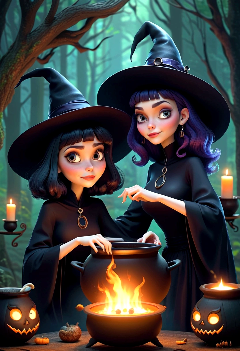 Three witches, dressed in black, friendly faces, cauldron in the center, performing a ritual, drawing, details, animation, Tim Burton style