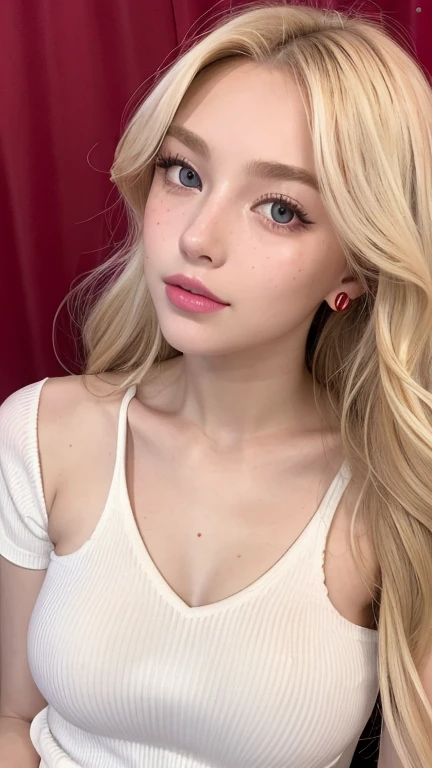 full waist up pose of a Light blonde hair, Wavy blonde hair, Wavy blonde hair, With small fringe, black eye, Upturned and beautiful nose, Thick lips, Cupid with heart shaped lips.., Pink Lips, pale, White skin, Nice and soft skin, I have freckles and moles, Beautiful eyebrows, Exceptionally beautiful collarbones, He is wearing a half-opened tightly sexy look polo shirt, dark red, With women's underwear, full waist up pose , upper knees pose ,slim and beautiful stomach, Bare neckline, (Large Breasts, Soft Breasts, Natural Breasts, Bare neckline), Looking at the camera, Auto Photo,The chest is visible,Upper body composition