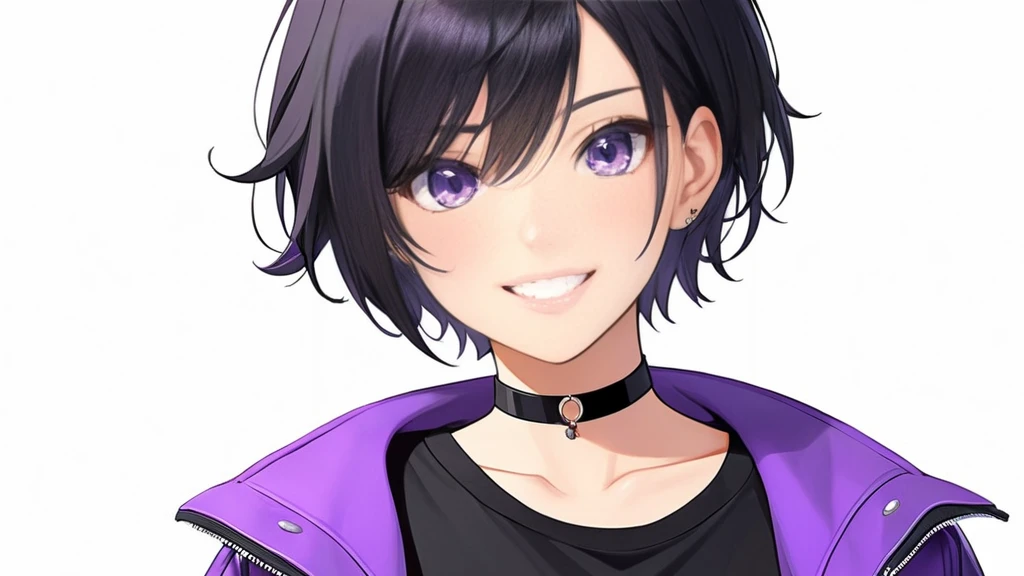 Tomboy Girl, Smart, Mature, Sexy, Short black hair, Black Plain chokers, purple pupil eyes, Wearing sleek black crop top under short purple jacket, happy face, white background.