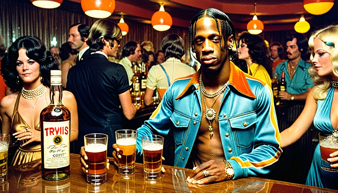 1970s photo of "Travis Scott" wearing 1970s attire, beautiful women, liquor,