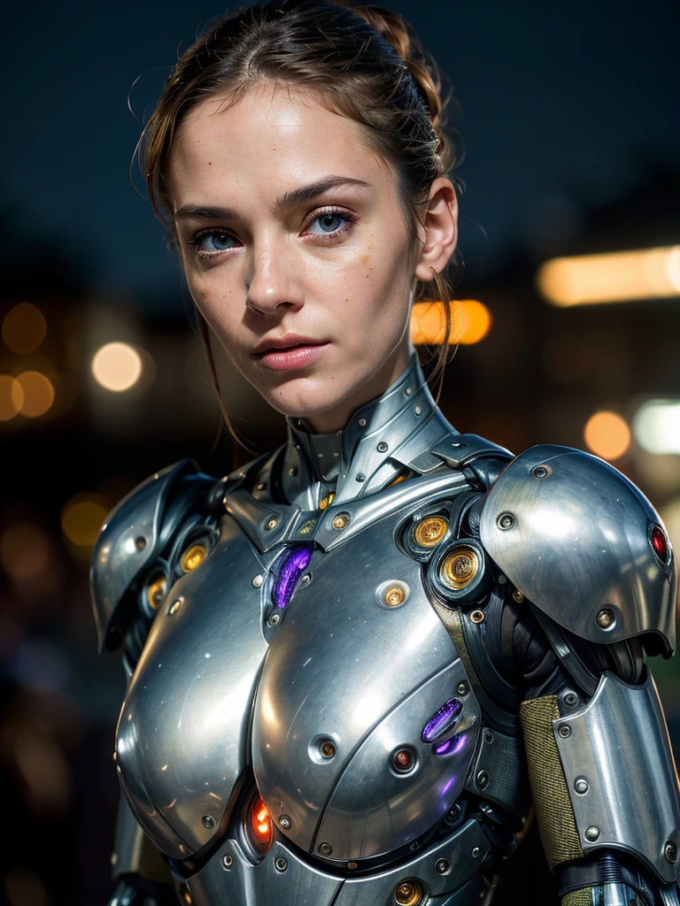 (best quality, masterpiece, highest detailed), (photorealistic:1.2), (detailed light:1.2), (Realistic skin texture:1.4), raw photo, professional portrait,  cyborg, woman and cyborg, symbiosis, semi-mechanical head, mechanical body  , old rusty armor, powerful exoskeleton, night, Night City, dim light, dim color, gloomy lighting, (looks at the viewer)