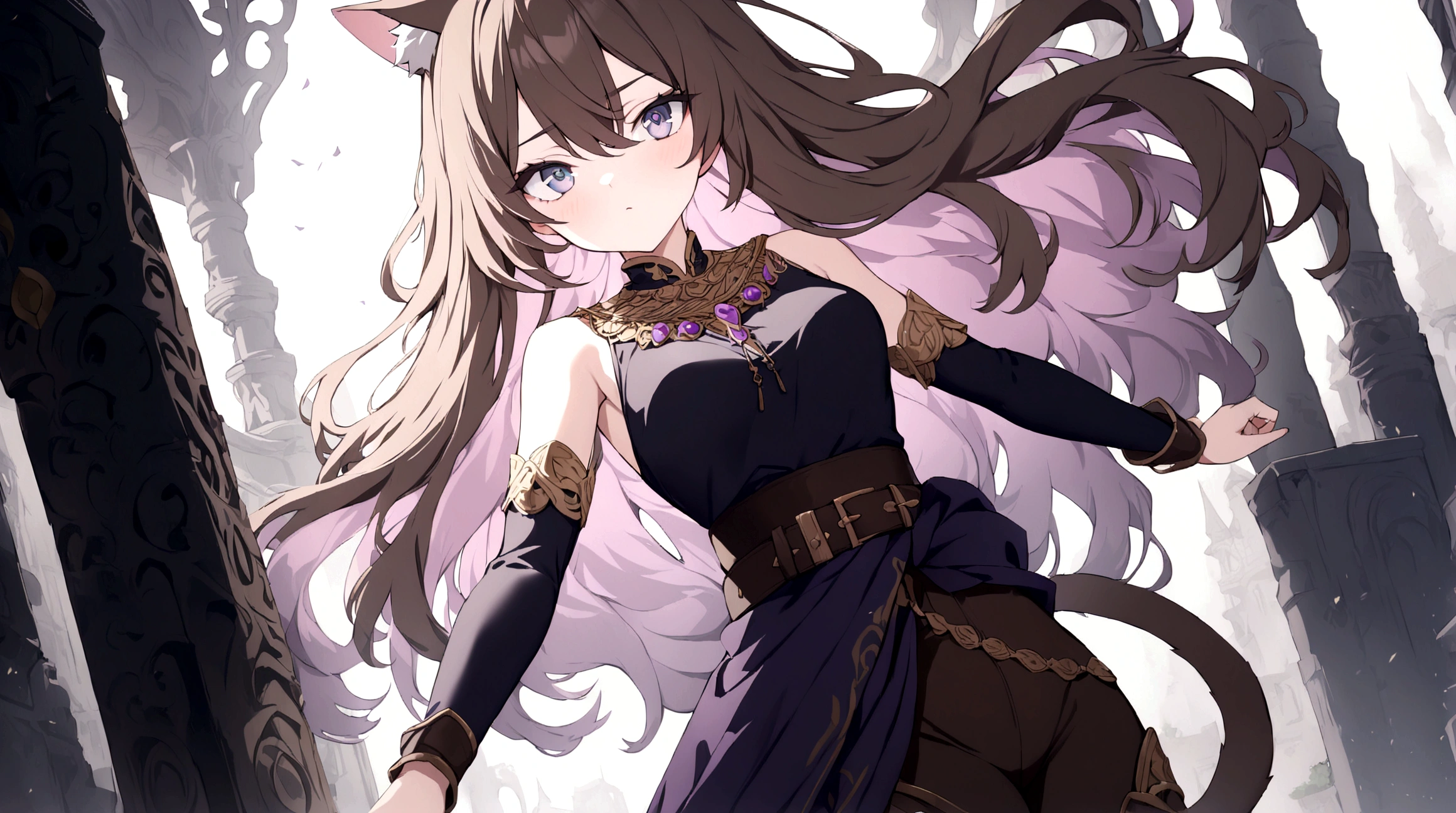 (1girl, Masterpiece, best quality) (detailed and beautiful eyes:1.6) (perfect hands, perfect anatomy) A young female character with long, brown hair featuring lighter streaks, styled in loose waves. She has striking (purple eyes and a confident, slightly defiant expression). She has distinctive (cat-like ears, brown with pink inner fur with tail. She wears a black and dark purple form-fitting top fantasy adventurer adorned with gold and red accents, including intricate patterns. Over this, she has a dark-purple cloak covering with gold detailing. Accessories include a fiolet gemstone necklace and a belt with gold ornaments. The character is depicted in a dynamic low-angle shot, giving a sense of power and movement. She has a brown belt with dark fiolet accents cinched around her waist and (wears brown pants) with armored greaves.