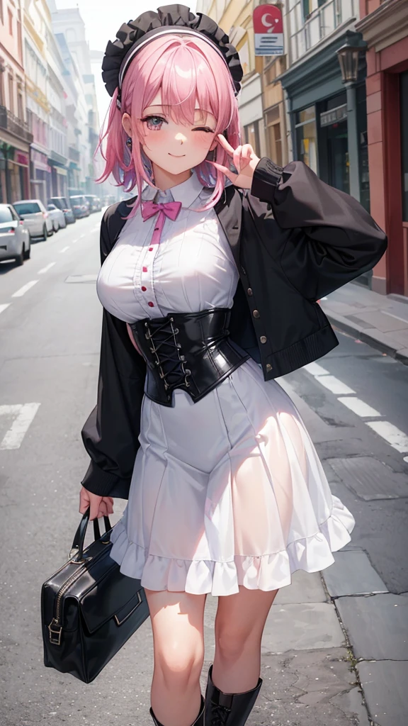 Toda la imagen con detalles intrincados nivel profesional: "(A  girl with vibrant pink hair, piernas abiertas, vestida con una camisa blanca escotada y desabotonada muy delgada casi transparente como el aire, with a corset and several belts, minifalda muy corta plegada color negro y medias hasta el muslo, botas marrones. la chica es una puta, camisa y faldas abiertas, The woman has her eyes closed and an expression of gratitude and happiness on her face, ropa muy corta y delgada, le agrada mostrar su cuerpo, chica empoderada, le gusta mostrar su hermoso cuerpo sexualizado porque es muy bella, con rasgos femeninos pronunciados, (a veces le gusta salir casi o toda desnuda a la calle), random angle.)"