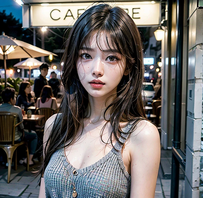 Real photo, (masterpiece:1.2),(Very detailed),(8k:1.1),(Perfect lighting,Highest quality,High resolution,original),(Realistic photos:1.4) ,28 years old、Korean Idols、Long Hair、Brown Hair、Model-like style、Street Snap、One woman、Cool clothes、Solo Snap、Mole under right eye、Natural color lip、Cafe Terrace