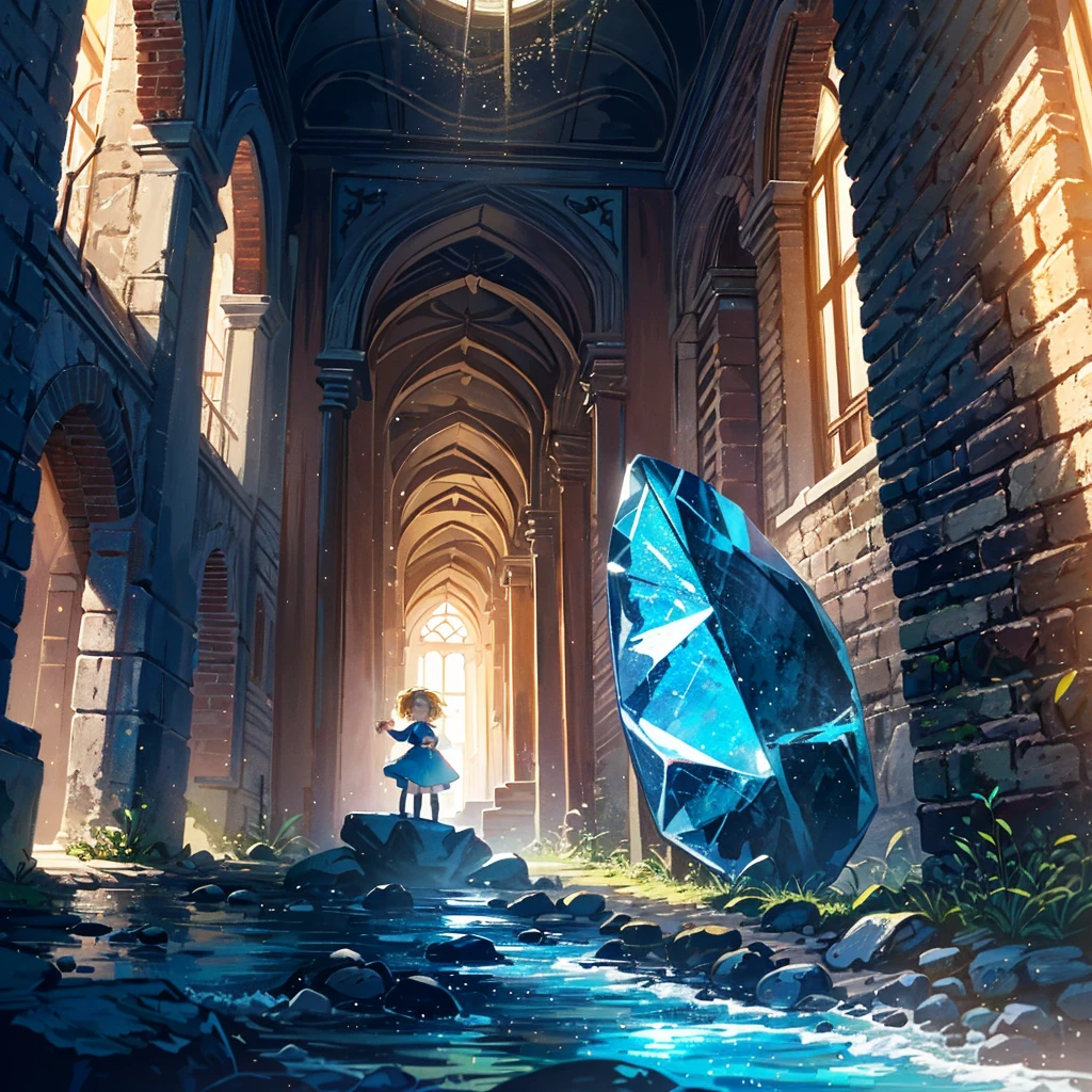 Italian style scenery (multiple brick towers, old townscapes, castle walls, robots made from old machines), 1 girl (), cute children's underwear, red headband, light blue dress (long hem) ), (Short arms: 1 and a half years old), Round face, (Little girle feet, (Child: 1 and a half years old), (Baby face: 1.4))), Sunlight, Flat chest, Blonde, Super long hair, Head Hair tied up, surface effects, color effects) profile, the girl is standing on top of a stone tower, there is a blue gem on the girl's chest, the gem emits yellow light and the light stretches towards the sky, a special Effect, {{{((Super hand-painted style illustration, pale colors, beautiful colors, chic colors))}}}Deltamon