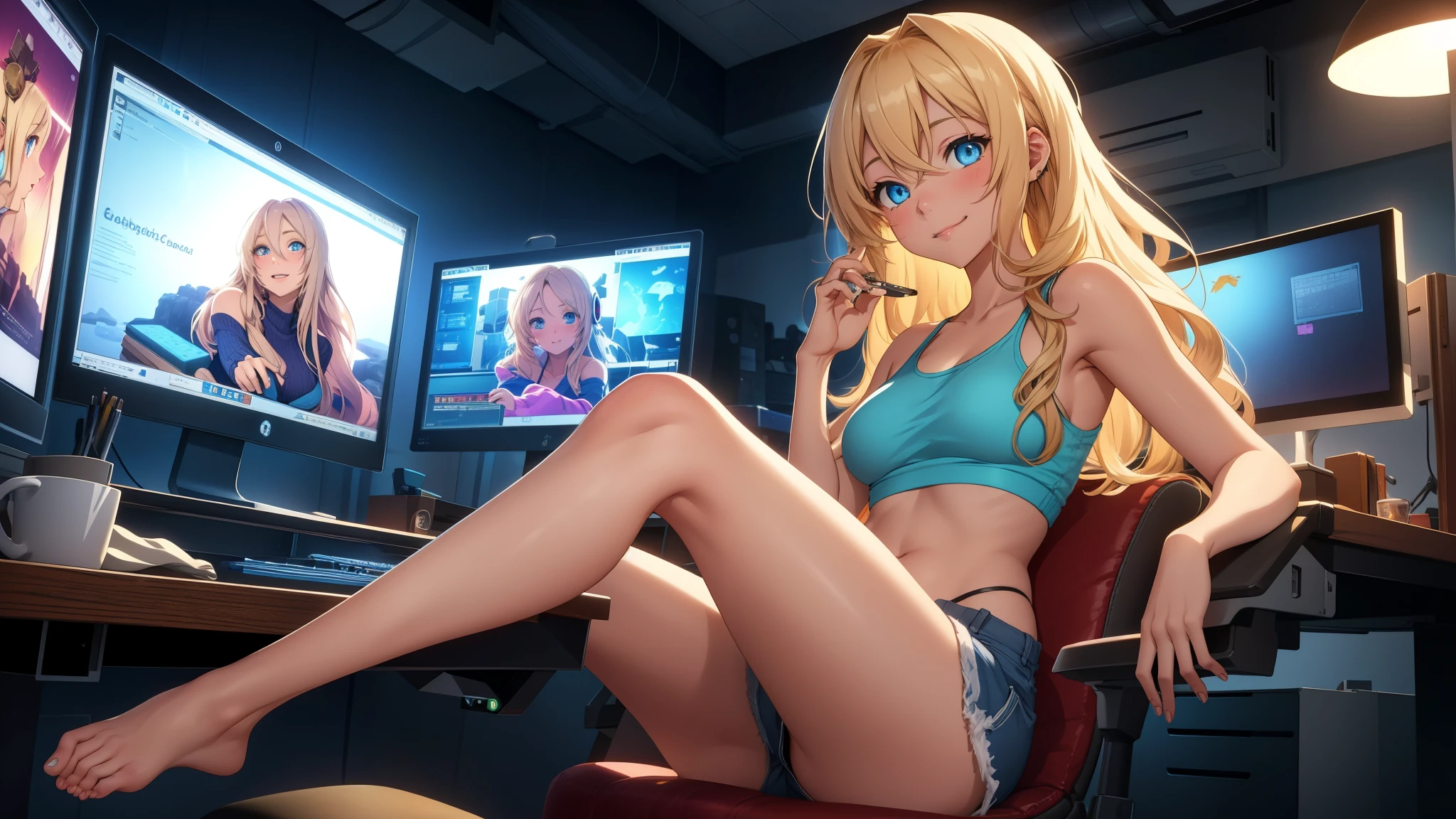 Create a high-quality, detailed image of a beautiful, sexy anime lofi girl with long blonde hair, bright blue eyes, and a smile, sitting at her gaming PC in a cozy lounge. She wears a tank top and shorts, showing her shoulder and midriff. The warm, inviting scene includes soft ambient lighting, comfortable seating, and a high-end PC setup with multiple monitors and RGB lighting. The girl is barefoot, and the setting is illuminated by a small lamp, creating a serene and intimate atmosphere