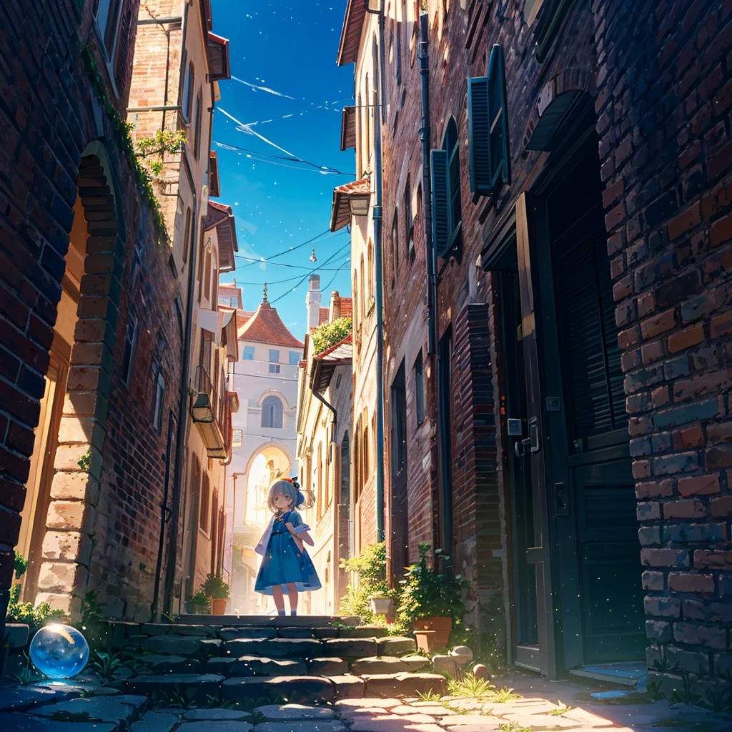 Italian style scenery (multiple brick towers, old townscapes, castle walls, robots made from old machines), 1 girl (3 years old), cute children's underwear, red headband, light blue dress (long hem) ), (Short arms: 1 and a half years old), Round face, (Little girl: 1.8), Bare feet, (Child: 1 and a half years old), (Baby face: 1.4))), Sunlight, Flat chest, Blonde, Super long hair, Head Hair tied up, surface effects, color effects) profile, the girl is standing on top of a stone tower, there is a blue gem on the girl's chest, the gem emits yellow light and the light stretches towards the sky, a special Effect, {{{((Super hand-painted style illustration, pale colors, beautiful colors, chic colors))}}}Deltamon