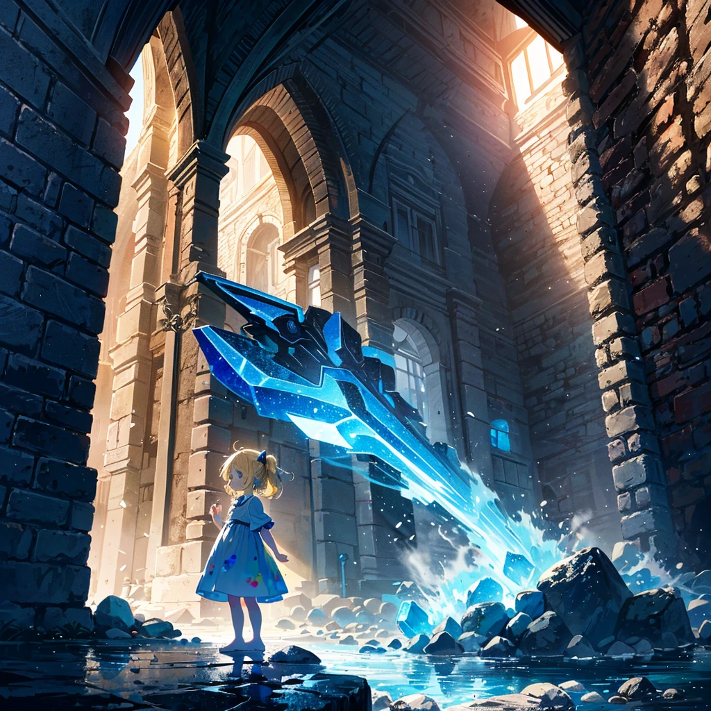 Italian style scenery (multiple brick towers, old townscapes, castle walls, robots made from old machines), 1 girl (3 years old), cute children's underwear, red headband, light blue dress (long hem) ), (Short arms: 1 and a half years old), Round face, (Little girl: 1.8), Bare feet, (Child: 1 and a half years old), (Baby face: 1.4))), Sunlight, Flat chest, Blonde, Super long hair, Head Hair tied up, surface effects, color effects) profile, the girl is standing on top of a stone tower, there is a blue gem on the girl's chest, the gem emits yellow light and the light stretches towards the sky, a special Effect, {{{((Super hand-painted style illustration, pale colors, beautiful colors, chic colors))}}}Deltamon
