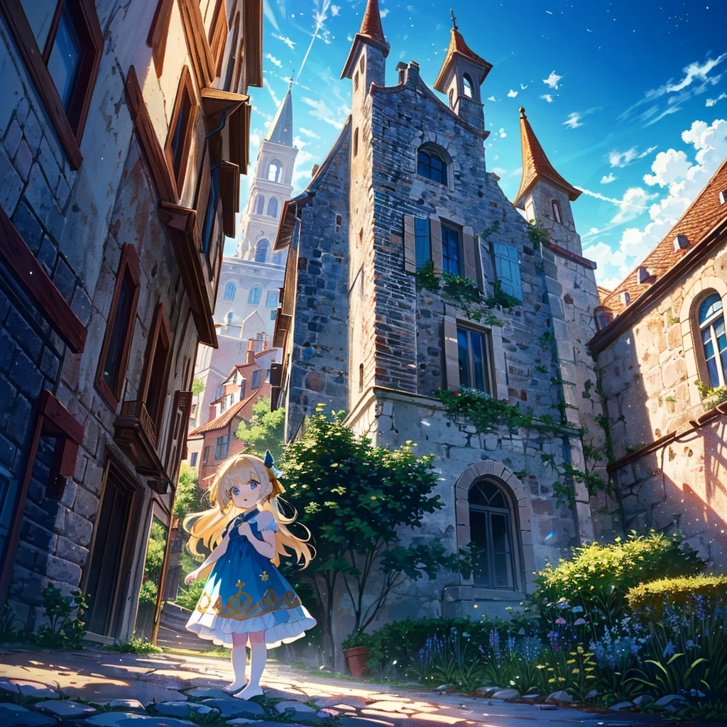 Italian style scenery (multiple brick towers, old townscapes, castle walls, robots made from old machines), 1 girl (), cute children's underwear, red headband, light blue dress (long hem) ), (Short arms: 1 and a half years old), Round face, (Little girle feet, (Child: 1 and a half years old), (Baby face: 1.4))), Sunlight, Flat chest, Blonde, Super long hair, Head Hair tied up, surface effects, color effects) profile, the girl is standing on top of a stone tower, there is a blue gem on the girl's chest, the gem emits yellow light and the light stretches towards the sky, a special Effect, {{{((Super hand-painted style illustration, pale colors, beautiful colors, chic colors))}}}Deltamon