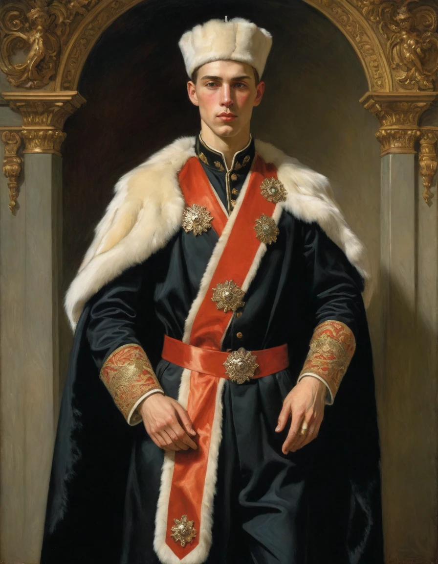 Design me a {{Colossal Masterpiece, high detail}}, a ((((full body portrait, male focus)))), ((by Joseph Karl Stieler)), (by J. C. Leyendecker), the composition is: a very young male nobleman, sullen, facing viewer. He is wearing a fur hat. He is wearing a black Slavic caftan with Praetorian elements, sashes, medals, red diamond pendant
