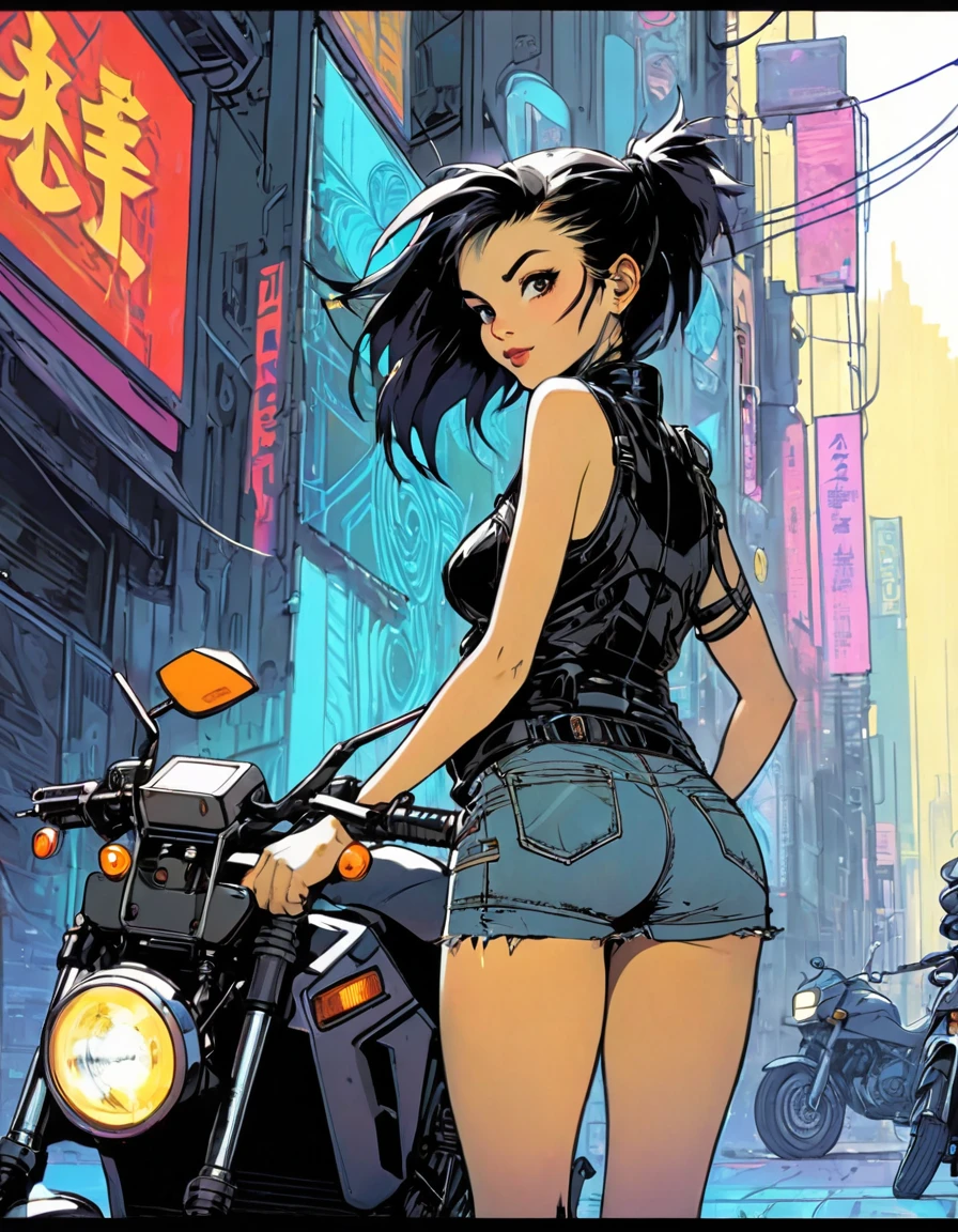 (((beautiful detailed)))(cute face:1.2)1girl,thumbs up, (Girl carrying a motorbike on her shoulder:1.5),looking back,(ground-level shot:1.2),cyberpunk,Cyberpunk shrine in background(sharp lines:1.2)(clear line:1.2),(eye details:1.3)(thick border:1.4),line drawing, animation cel style((masterpiece, high quality, best quality)),trillwave,90s style,Lineartnime (art inspired by Bill Sienkiewicz). oil painting, details of brush strokes that enhance depth)