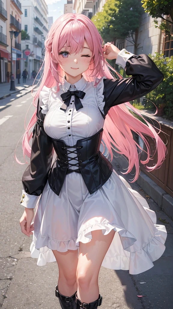 Toda la imagen con detalles intrincados nivel profesional: "(A young 16 year old girl with vibrant pink hair, piernas abiertas, vestida con una camisa blanca escotada y desabotonada muy delgada casi transparente como el aire, with a corset and several belts, minifalda muy corta plegada color negro y medias hasta el muslo, botas marrones. The woman has her eyes closed and an expression of gratitude and happiness on her face, ropa muy corta y delgada, le agrada mostrar su cuerpo, chica empoderada, le gusta mostrar su hermoso cuerpo sexualizado porque es muy bella, con rasgos femeninos pronunciados, (a veces le gusta salir casi o toda desnuda a la calle), random angle.)"