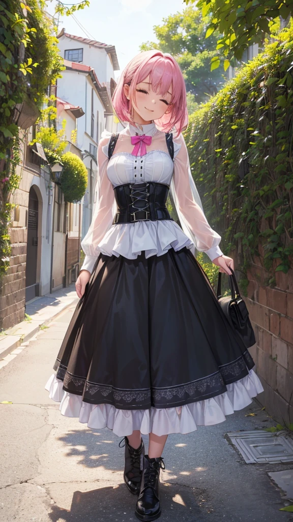 Toda la imagen con detalles intrincados nivel profesional: "(A  girl with vibrant pink hair, piernas abiertas, vestida con una camisa blanca escotada y desabotonada muy delgada casi transparente como el aire, with a corset and several belts, minifalda muy corta plegada color negro y medias hasta el muslo, botas marrones. The woman has her eyes closed and an expression of gratitude and happiness on her face, ropa muy corta y delgada, le agrada mostrar su cuerpo, chica empoderada, le gusta mostrar su hermoso cuerpo sexualizado porque es muy bella, con rasgos femeninos pronunciados, (a veces le gusta salir casi o toda desnuda a la calle), random angle.)"