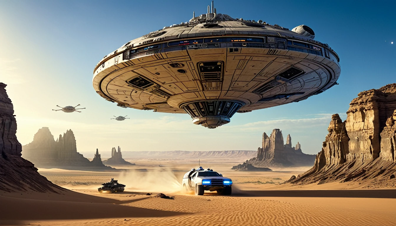 “In a desert landscape beneath a vast sky, towering rock formations rise. The iconic Star Wars Millennium Falcon flies overhead. In the foreground, a large, futuristic bus-like vehicle is parked on the sandy terrain. Saturn-like rings adorn the sky, adding a surreal touch. Include the ‘Star Wars,Camera angle: The camera is positioned at a slightly upward angle, capturing the grandeur of the rock formations and the vastness of the sky. Lighting: The sun is setting, creating warm, golden light that bathes the landscape. Shadows cast by the rocks are elongated. Millennium Falcon details: The Millennium Falcon is flying toward the horizon, with its rear thrusters emitting a characteristic blue glow. Details like laser cannons and the ship’s panels should be visible. Futuristic vehicle: The vehicle parked in the foreground has large windows and an aerodynamic design. It may have retractable wheels or float slightly above the ground. Saturn-like rings: The translucent rings resembling those of Saturn extend across the sky, creating a magical effect. Sand texture: The desert sand has a granulated texture, with small dunes formed by the wind.hyper realistic composition,32k resolution,cinematic composition,cinematic color grading.photography whit Phaseone 35mm,death of field lens.