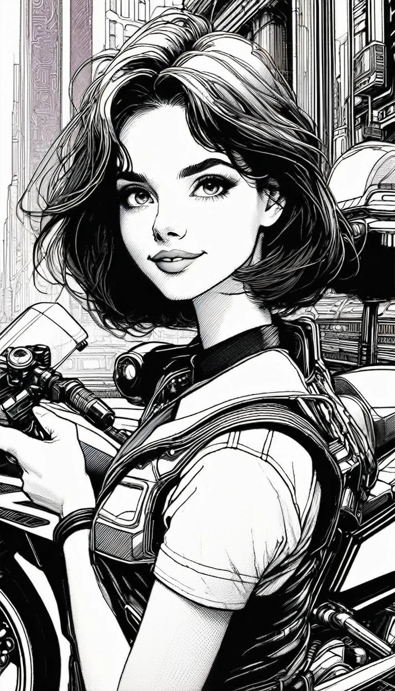 (((beautiful detailed)))(cute face:1.2)1girl,thumbs up, (Girl carrying a motorbike on her shoulder:1.5),looking back,(ground-level shot:1.2),cyberpunk,Cyberpunk shrine in background(sharp lines:1.2)(clear line:1.2),(eye details:1.3)(thick border:1.4),line drawing, animation cel style((masterpiece, high quality, best quality)),trillwave,90s style,Lineartnime (art inspired by Bill Sienkiewicz). oil painting, details of brush strokes that enhance depth)