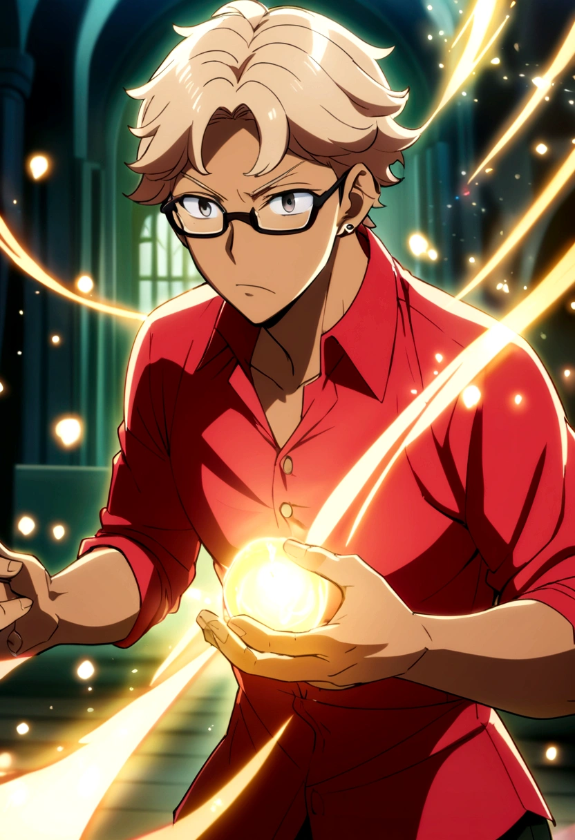 Captura de pantalla de Spy x Family (Anime Version)
Boy with modern short light brown hair Light dark eyes with glasses Dark skin, cuerpo fornido, exercised and masculine He has a red button-down shirt and a piercing in his left ear Serious and attractive but charismatic expression, apariencia atractiva