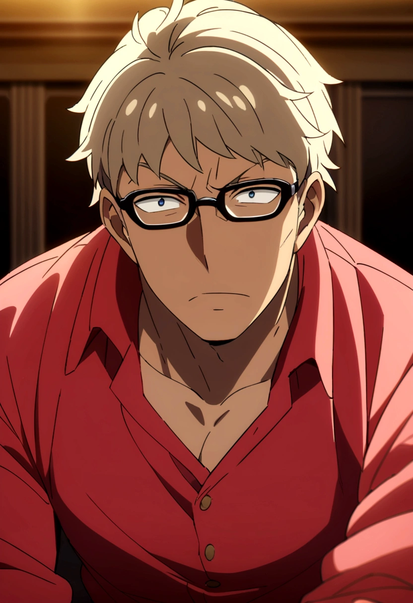 Captura de pantalla de Spy x Family (Anime Version)
Boy with modern short light brown hair Light dark eyes with glasses Dark skin, cuerpo fornido, exercised and masculine He has a red button-down shirt and a piercing in his left ear Serious and attractive but charismatic expression, apariencia atractiva