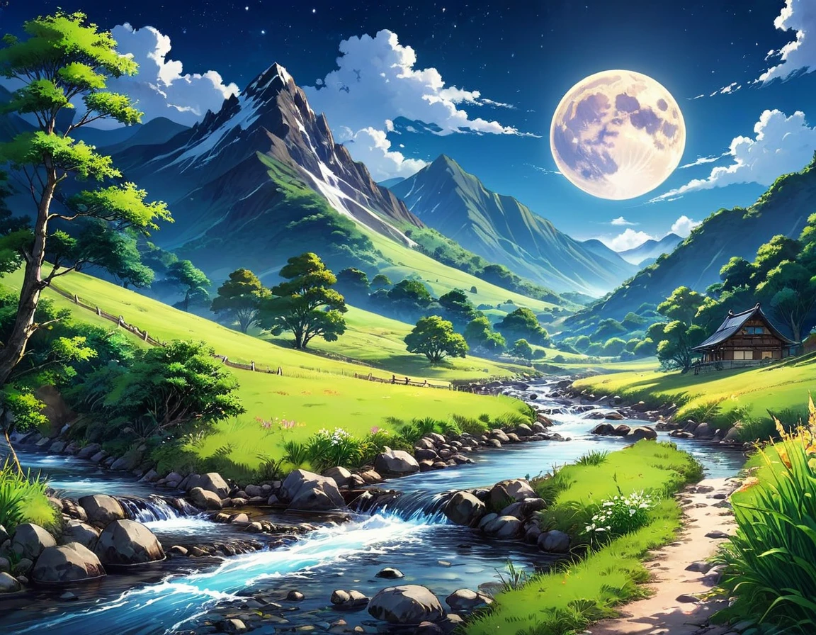 painting of a mountain landscape with a stream and a full moon, beautiful anime scenery, scenery artwork, anime countryside landscape, anime landscape wallpaper, anime beautiful peace scene, anime scenery, beautiful anime scene, detailed scenery —width 672, anime nature, ross tran. scenic background, anime landscape, anime nature wallpaper, lovely valley, a beautiful landscape
