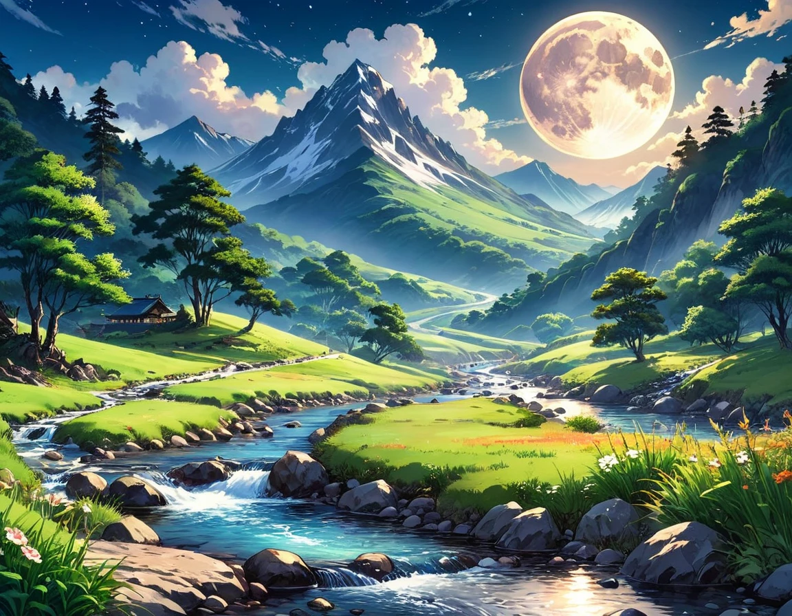 painting of a mountain landscape with a stream and a full moon, beautiful anime scenery, scenery artwork, anime countryside landscape, anime landscape wallpaper, anime beautiful peace scene, anime scenery, beautiful anime scene, detailed scenery —width 672, anime nature, ross tran. scenic background, anime landscape, anime nature wallpaper, lovely valley, a beautiful landscape
