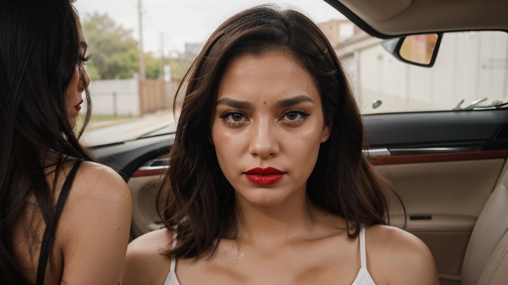  She is looking straight ahead and tears are crying on her face realista, she has red lipstick on, do her now in a car crying and makeup smeared