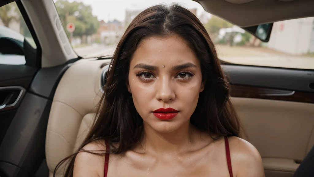 She is looking straight ahead and tears are crying on her face realista, she has red lipstick on, do her now in a car crying and makeup smeared