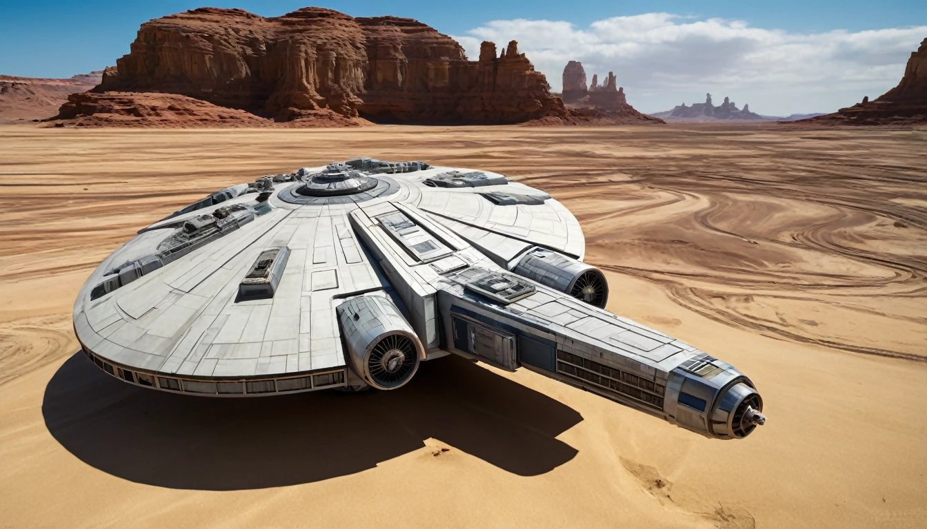 “In a desert landscape beneath a vast sky, towering rock formations rise. The iconic Star Wars Millennium Falcon flies overhead. In the foreground, a large, futuristic bus-like vehicle is parked on the sandy terrain. Saturn-like rings adorn the sky, adding a surreal touch. Include the ‘Star Wars,Camera angle: The camera is positioned at a slightly upward angle, capturing the grandeur of the rock formations and the vastness of the sky. Lighting: The sun is setting, creating warm, golden light that bathes the landscape. Shadows cast by the rocks are elongated. Millennium Falcon details: The Millennium Falcon is flying toward the horizon, with its rear thrusters emitting a characteristic blue glow. Details like laser cannons and the ship’s panels should be visible. Futuristic vehicle: The vehicle parked in the foreground has large windows and an aerodynamic design. It may have retractable wheels or float slightly above the ground. Saturn-like rings: The translucent rings resembling those of Saturn extend across the sky, creating a magical effect. Sand texture: The desert sand has a granulated texture, with small dunes formed by the wind.hyper realistic composition,32k resolution,cinematic composition,cinematic color grading.photography whit Phaseone 35mm,death of field lens.