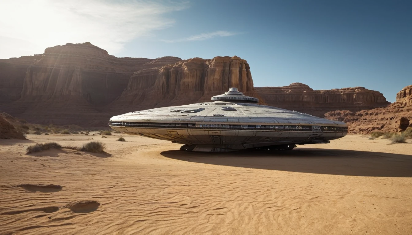 “In a desert landscape beneath a vast sky, towering rock formations rise. The iconic Star Wars Millennium Falcon flies overhead. In the foreground, a large, futuristic bus-like vehicle is parked on the sandy terrain. Saturn-like rings adorn the sky, adding a surreal touch. Include the ‘Star Wars,Camera angle: The camera is positioned at a slightly upward angle, capturing the grandeur of the rock formations and the vastness of the sky. Lighting: The sun is setting, creating warm, golden light that bathes the landscape. Shadows cast by the rocks are elongated. Millennium Falcon details: The Millennium Falcon is flying toward the horizon, with its rear thrusters emitting a characteristic blue glow. Details like laser cannons and the ship’s panels should be visible. Futuristic vehicle: The vehicle parked in the foreground has large windows and an aerodynamic design. It may have retractable wheels or float slightly above the ground. Saturn-like rings: The translucent rings resembling those of Saturn extend across the sky, creating a magical effect. Sand texture: The desert sand has a granulated texture, with small dunes formed by the wind.hyper realistic composition,32k resolution,cinematic composition,cinematic color grading.photography whit Phaseone 35mm,death of field lens.