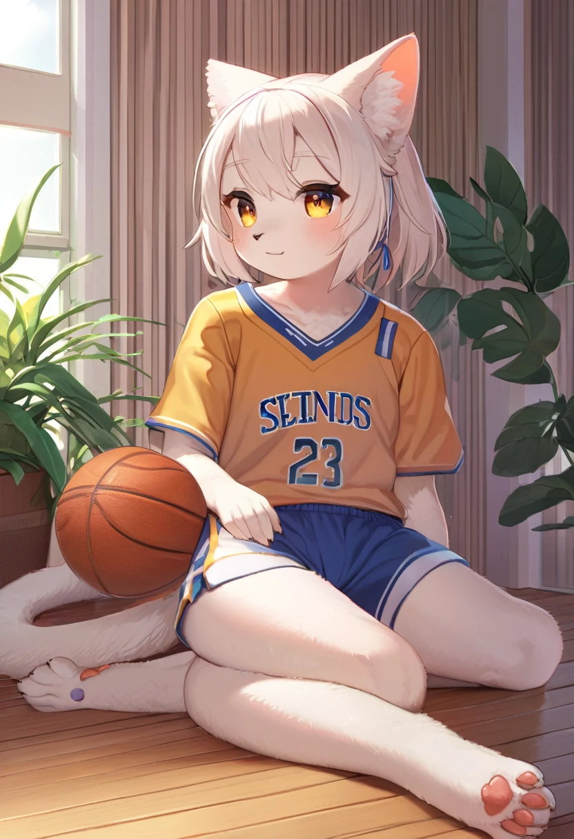 ((Masterpiece)), ((Best Quality)), (Very Detailed), ((Very Detailed)), 4K, (8K), very aesthetic, absurdres highres, 1girl, anthropomorphic cat, furry, kemono, basketball uniform, indoors,
