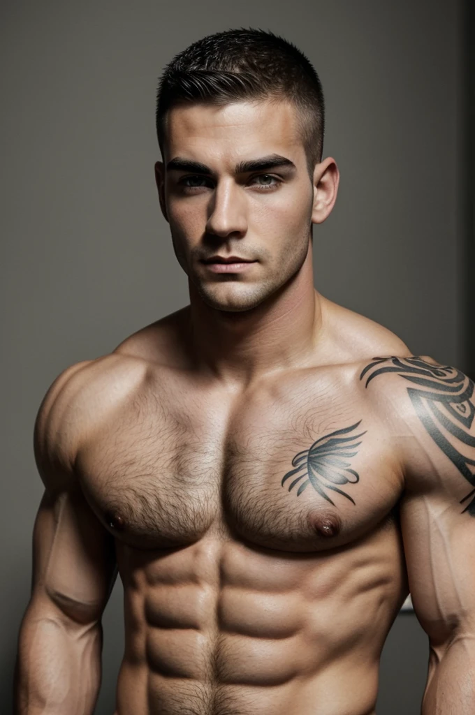 muscular, broad shoulders, broad chest, attractive man of 25 years old, white man, dark gray eyes, buzz cut hair, muscular body with tattoos on arms, neck and chest, bushy eyebrows, profiled nose, with pencil mustache, shopping