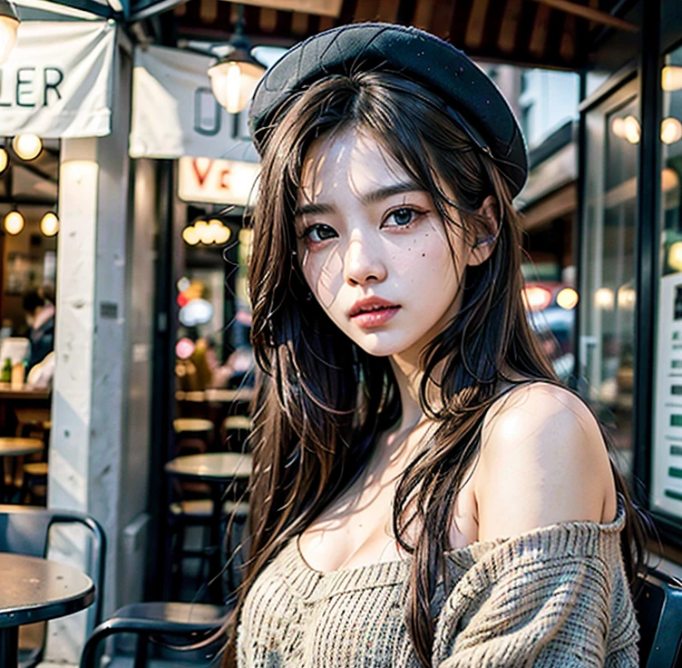 Real photo, (masterpiece:1.2),(Very detailed),(8k:1.1),(Perfect lighting,Highest quality,High resolution,original),(Realistic photos:1.4) ,28 years old、Korean Idols、Long Hair、Brown Hair、Model-like style、Street Snap、One woman、Cool clothes、Solo Snap、Mole under right eye、Natural color lip、Cafe Terrace、Wearing a hat
